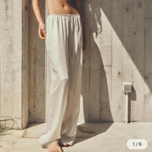 New Zara Shiny Silver Mid Rise Elastic Waist Wide-Leg Pajama Style Pants Medium - Picture 3 of 12